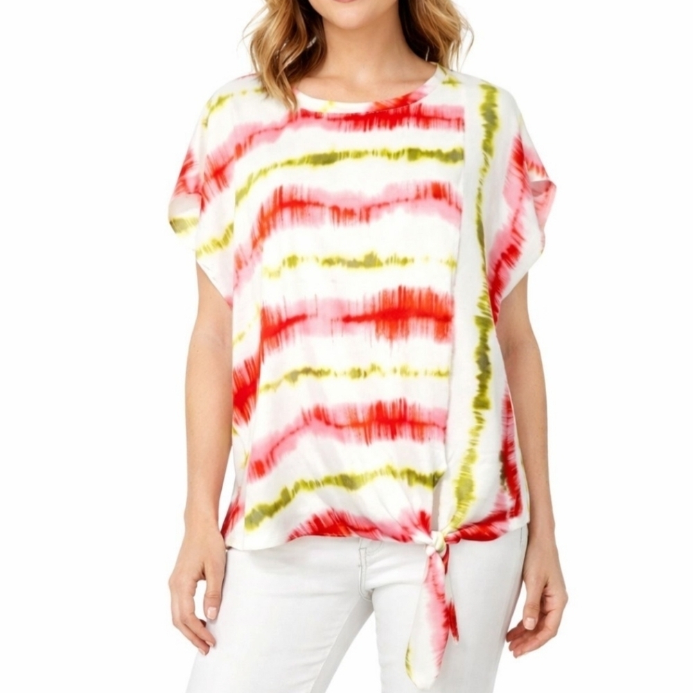 DKNY Tie Front Blouse Top Women’s M Red Green Abstract Stripe Short Sleeve